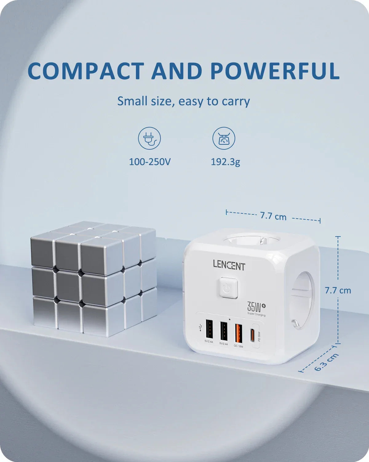 LENCENT Multi USB Wall Socket Cube with 3AC Outlets USB-A and Type C 7-in-1 Power Strip EU Plug Socket On/Off Switch for Home