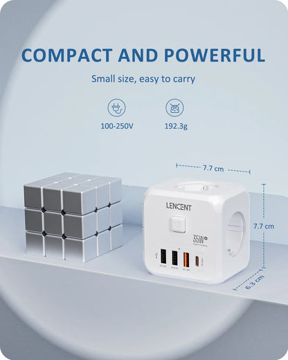 LENCENT Multi USB Wall Socket Cube with 3AC Outlets USB-A and Type C 7-in-1 Power Strip EU Plug Socket On/Off Switch for Home