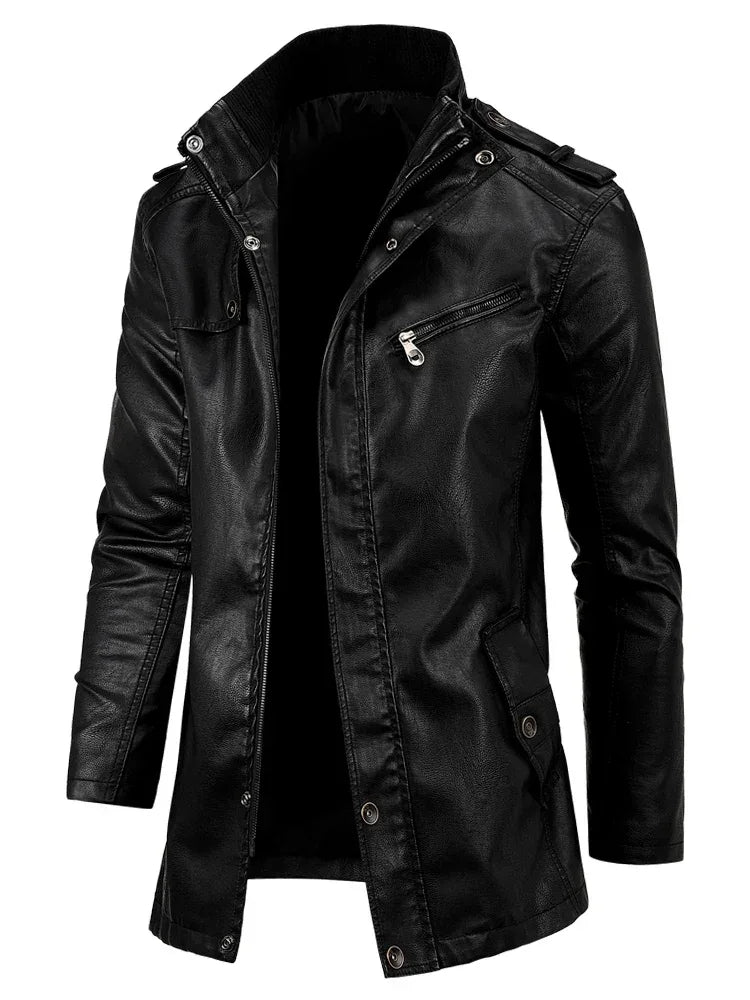 Men Long Coat Men Autumn Fashion Long Warm Pocket Leather Jacket Men Winter Casual England Style Vintage Leather Jacket Parkas