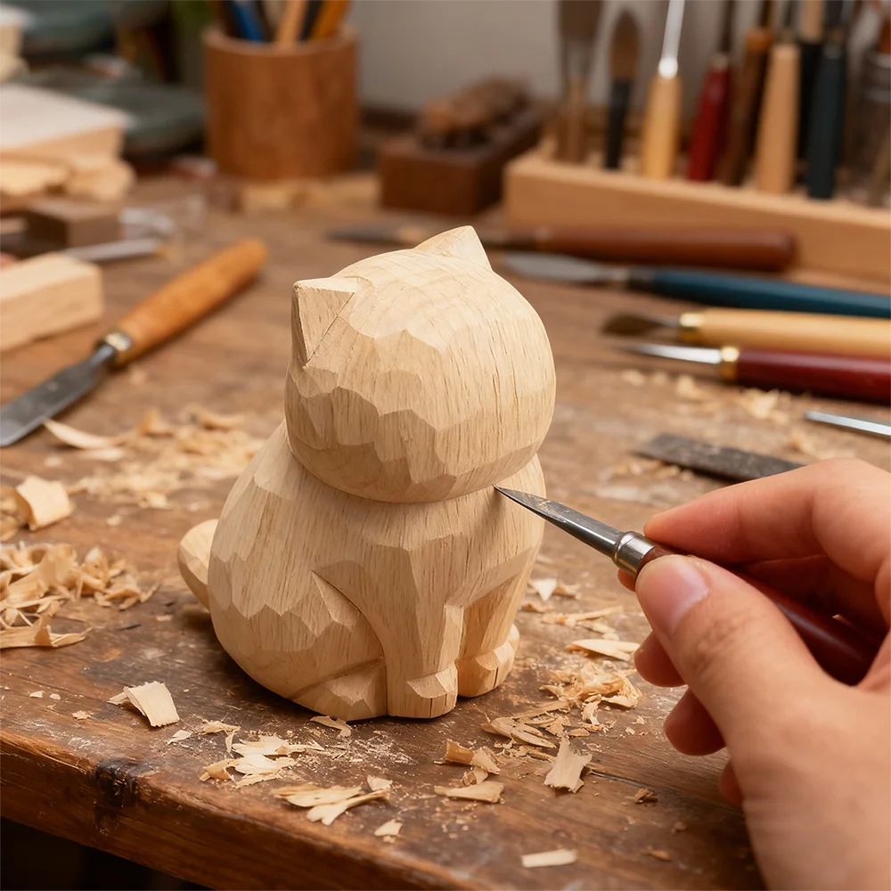 Cute Cat Animals Figurine Decorative Wooden  Ornament Kitten Statue Calico Golden gradient cat Home Office Desk Car Decor Gift