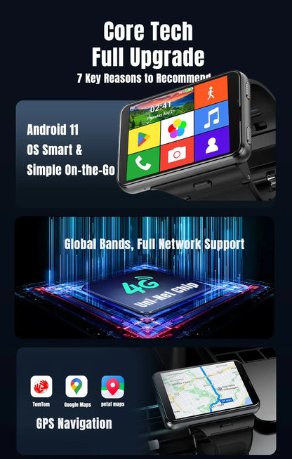 S999 4G LTE Smart Watch Android 11.0 OS 4GB RAM 64GB ROM 2.88" Big Screen 2MP/8MP Dual Camera Quad Core 2300mAh Men Smartwatch
