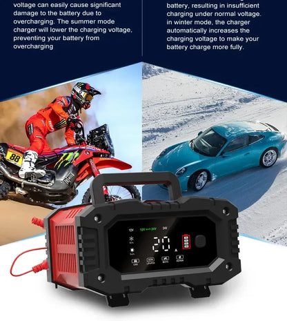 Portable 20A/10A Car Battery Charger 12V 24V Automatic Motorcycle Truck AGM LiFePO4 Lead Acid Start Stop Battery with Repair