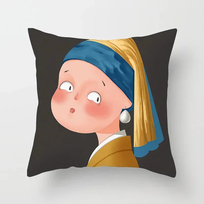 Creative Cartoon Oil Painting Mona Lisa Van Gogh Cushion Cover Portrait Painting Throw Pillow Case Cojines Decorativos Para Sofa