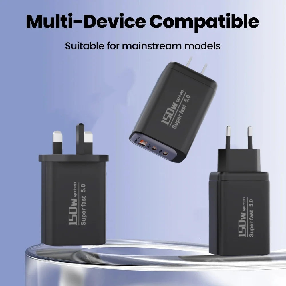 150W Fast Charger 3 Ports USB C PD3.0 QC3.0 Super Fast Wall Adapter for iPhone 17 16 Pro Samsung S24 Xiaomi 15 Huawei EU UK US