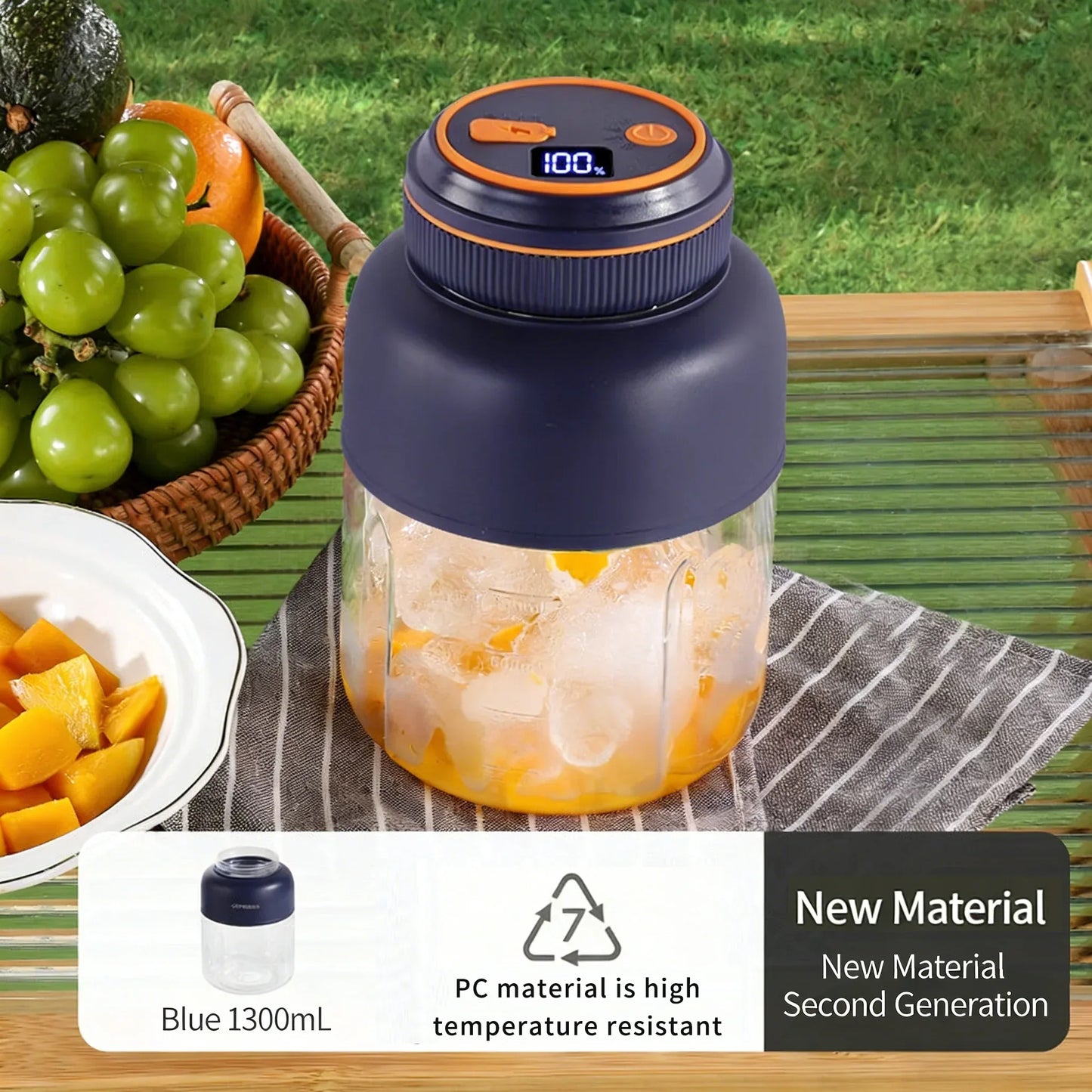1300ML USB Rechargeable Portable Juicer, 46 Blades Fresh Fruit Mixer, Multifunctional Ice Crusher Smoothie Blender for Home