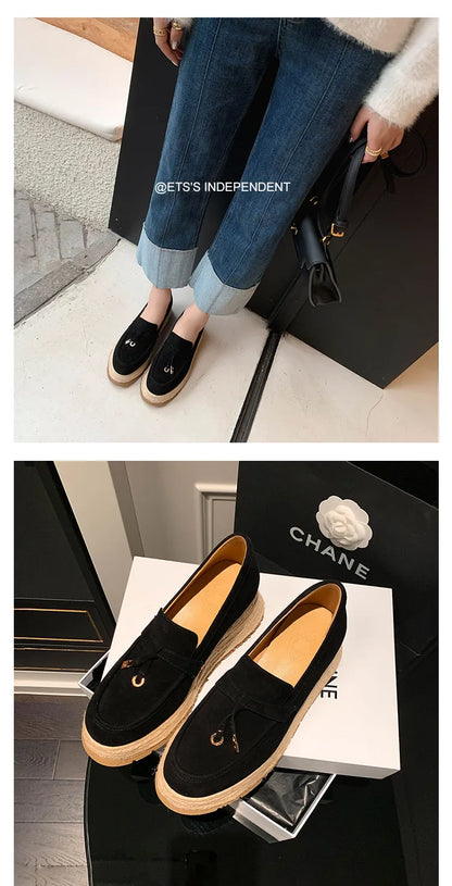 MKKHOU Fashion Loafers New High Quality Real Leather Suede Vintage Straw Braid Platform Shoes Daily Casual Light Shoes Neutral