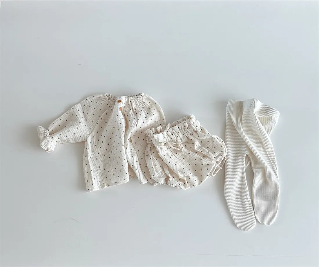 2024 Spring Newborn Floral Print Cotton Long Sleeve Tops+Shorts 2pcs Boy Girl Baby Loose Dots T-shirt Set Thin Infant Tees Suit