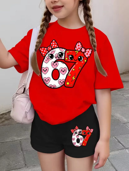 67 Six Seven Girls Clothes Cute Bows Flowers Print Girls Short Sleeve T-Shirt + Pants Set Casual Fashion Children's Clothes Tops