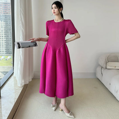 LANMREM High End Purple Pleated Women's Dress 2025 New Round Neck Short Sleeved Spliced Design Ball Gown Summer Dresses 2DB3489