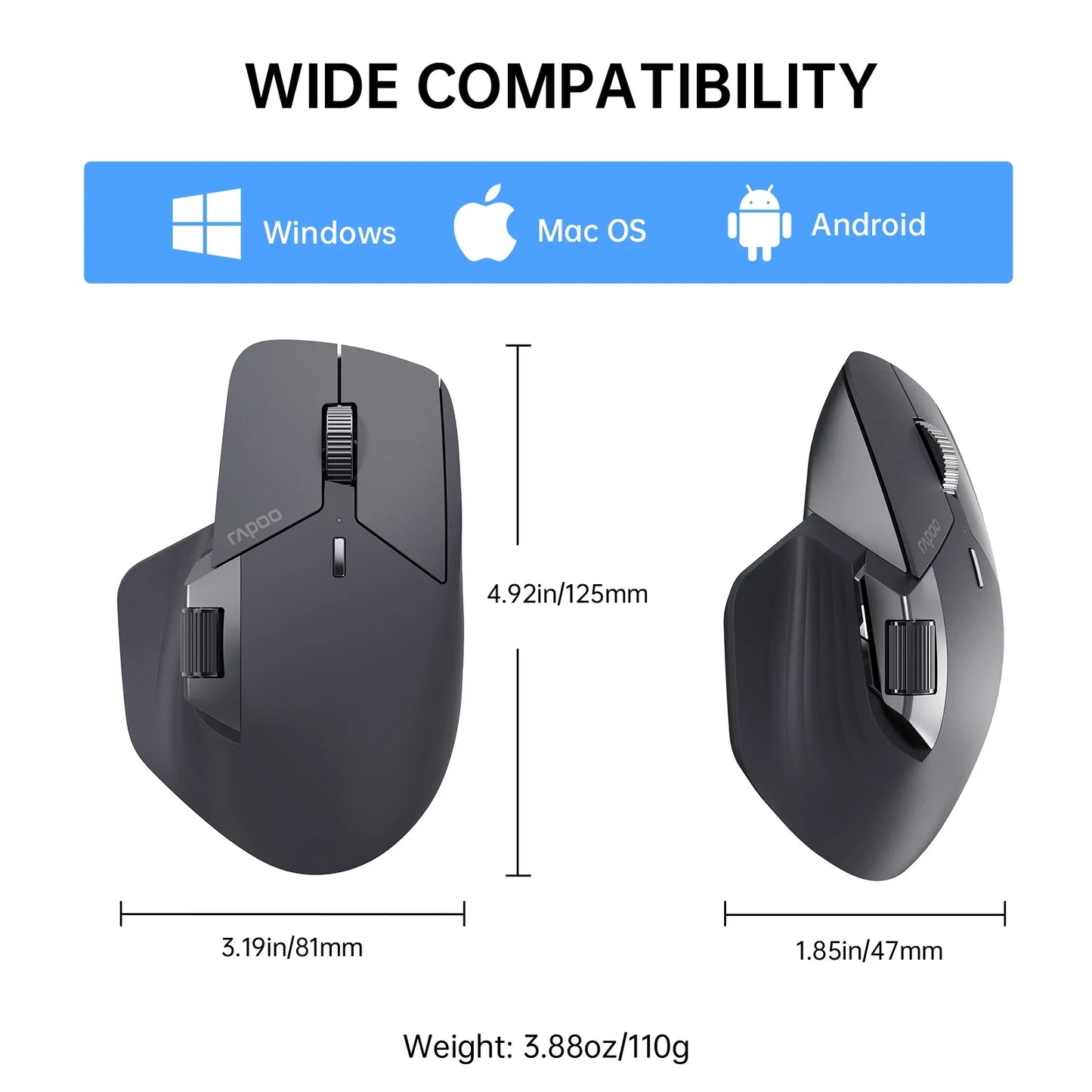 Rapoo MT760 Rechargeable Multi-mode Wireless Mouse Ergonomic 3200 DPI Easy-Switch Up to 4 Devices Bluetooth Mouse Office Mice