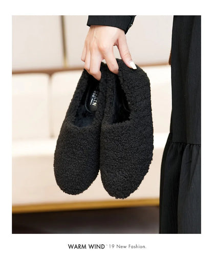 Big Size 43 Women Lambswool Slippers Winter Sheep Fur Shoes Ladies Flat Cotton Slides Home Pantuflas Daily Slip On Furry Mules