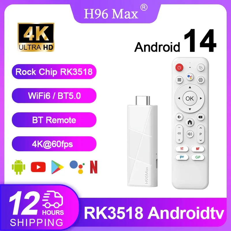 H96 MAX RK3518 Android14 Smart mini TV stick Wifi6 BT5.4 4K HD 3D Quad-Core Ethernet Google Voice Assistant Media Player TV Box