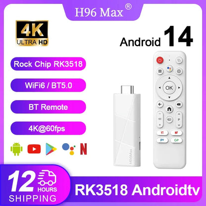 H96 MAX RK3518 Android14 Smart mini TV stick Wifi6 BT5.4 4K HD 3D Quad-Core Ethernet Google Voice Assistant Media Player TV Box