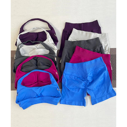 2 Pieces Yoga Gym Set Women Seamless Strappy Yoga Bra High Waist Workout Scrunch Shorts Sports Set Fitness Clothes Sportswear