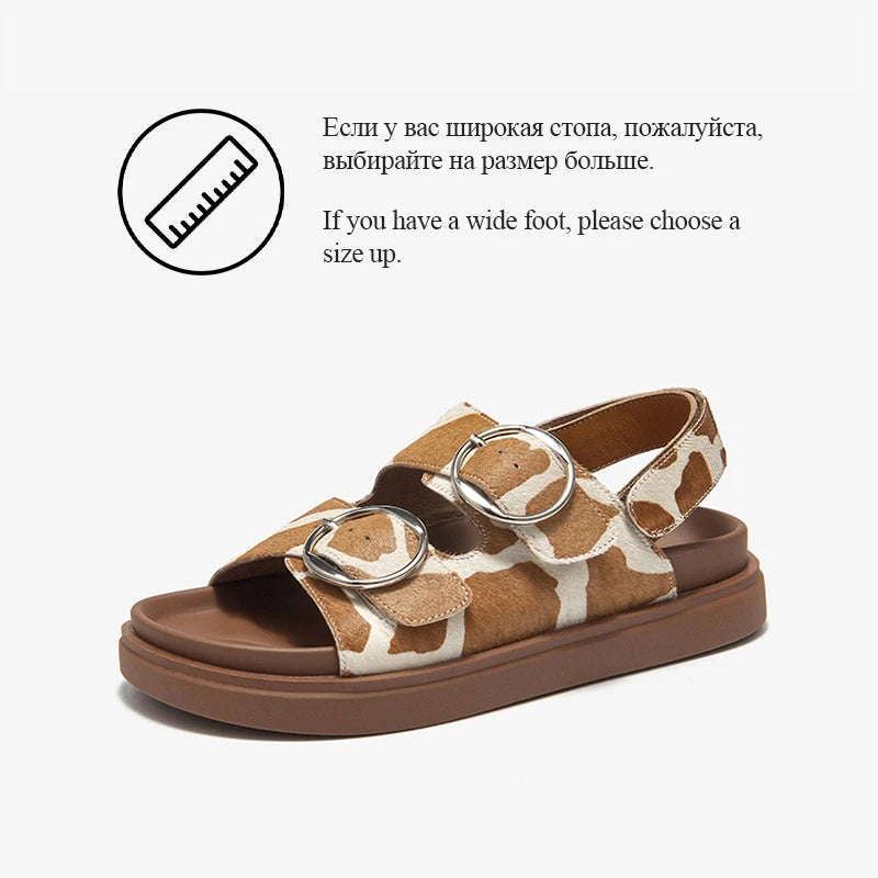 BEAUTODAY Casual Sandals Women Horseskin Animal Prints Double Buckles Straps Thick Sole Outdoor ladies Shoes Handmade 34616