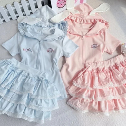 Japanese Kawaii Lolita 2-Pieces Set Women Sweet Rabbit Ear Zipper Hooded Tops + Cute Cake Mini Skirt Harajuku Y2k Outfits Summer