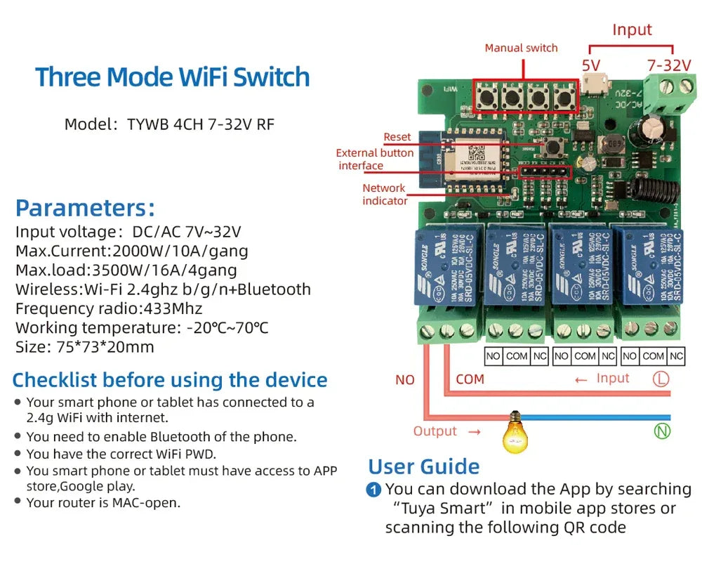 Tuya Smart Home 4CH Relay Module AC/DC 7-32V AC 220V 10A Wifi Switch 4 Channels RF433 Receiver Work With Vioce Alexa Google Home