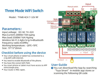 Tuya Smart Home 4CH Relay Module AC/DC 7-32V AC 220V 10A Wifi Switch 4 Channels RF433 Receiver Work With Vioce Alexa Google Home