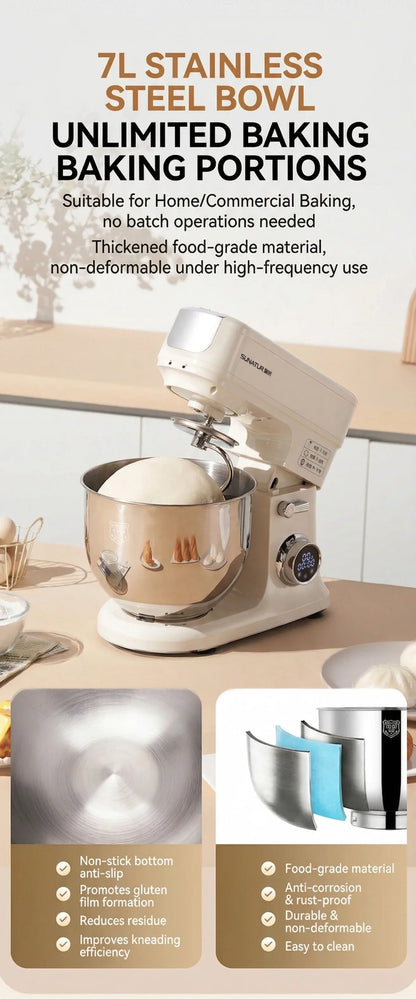 SUNATUR SM-606E 7L Stand Mixer 900W DC Quiet 11-Speed Timer, 304 Bowl Anti-Black Powder for Home & Commercial Baking