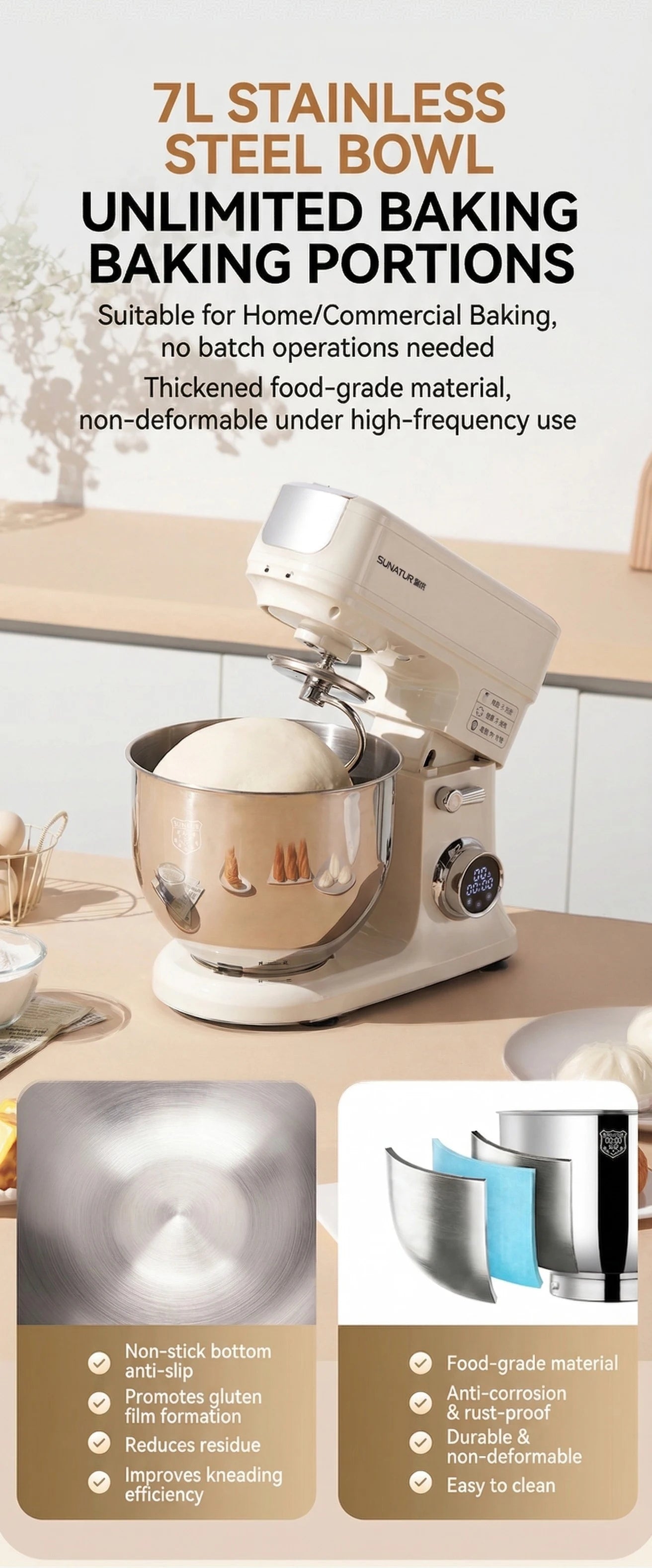 SUNATUR SM-606E 7L Stand Mixer 900W DC Quiet 11-Speed Timer, 304 Bowl Anti-Black Powder for Home & Commercial Baking