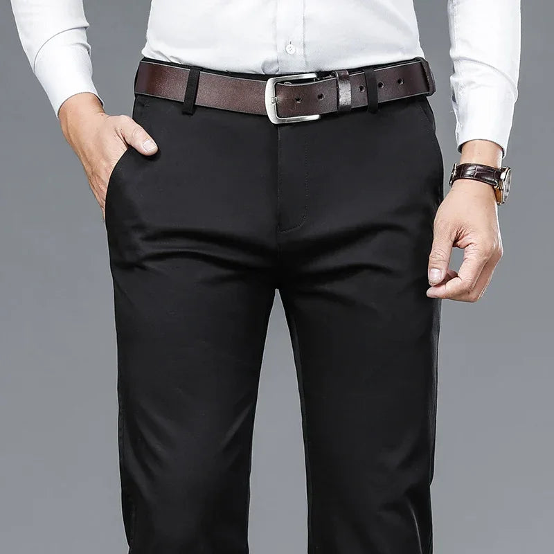 Autumn Classic Style Men's Beige Business Straight Casual Pants Stretch Cotton High Waist Solid Brand Trousers Khaki Green Black