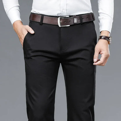 Autumn Classic Style Men's Beige Business Straight Casual Pants Stretch Cotton High Waist Solid Brand Trousers Khaki Green Black