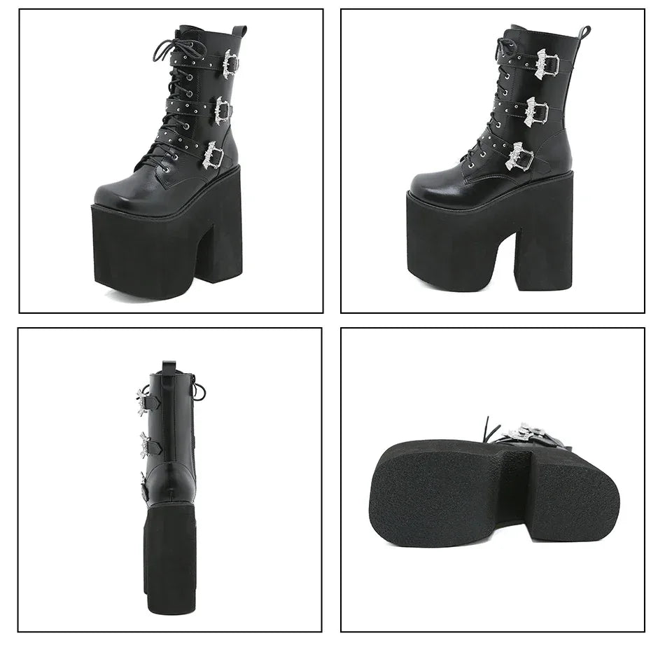 Gdgydh Lace up Chunky Heel Mid Calf Booties for Women Block High Heel Platform Combat Boots Gothic Metal Bat Gothic Shoes