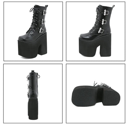 Gdgydh Lace up Chunky Heel Mid Calf Booties for Women Block High Heel Platform Combat Boots Gothic Metal Bat Gothic Shoes