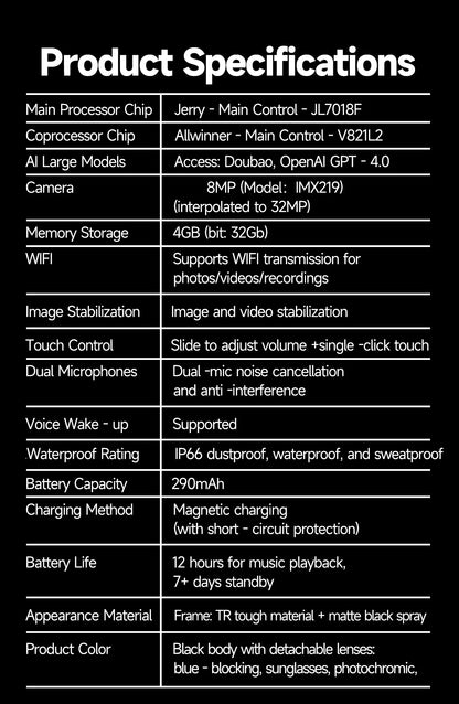 Lunettes intelligentes avec traduction IA, caméra HD 8 mégapixels, stabilisation optique de l'image, double microphone et réduction du bruit.
