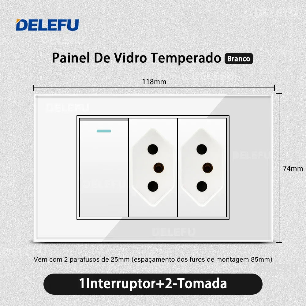 DELEFU 4*2 White Tempered Glass Brazil Standard Outlet with Double USB Type C Wall Power Socket Smart Switch Tuya Wifi 10A 20A