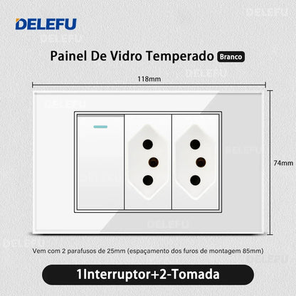 DELEFU 4*2 White Tempered Glass Brazil Standard Outlet with Double USB Type C Wall Power Socket Smart Switch Tuya Wifi 10A 20A