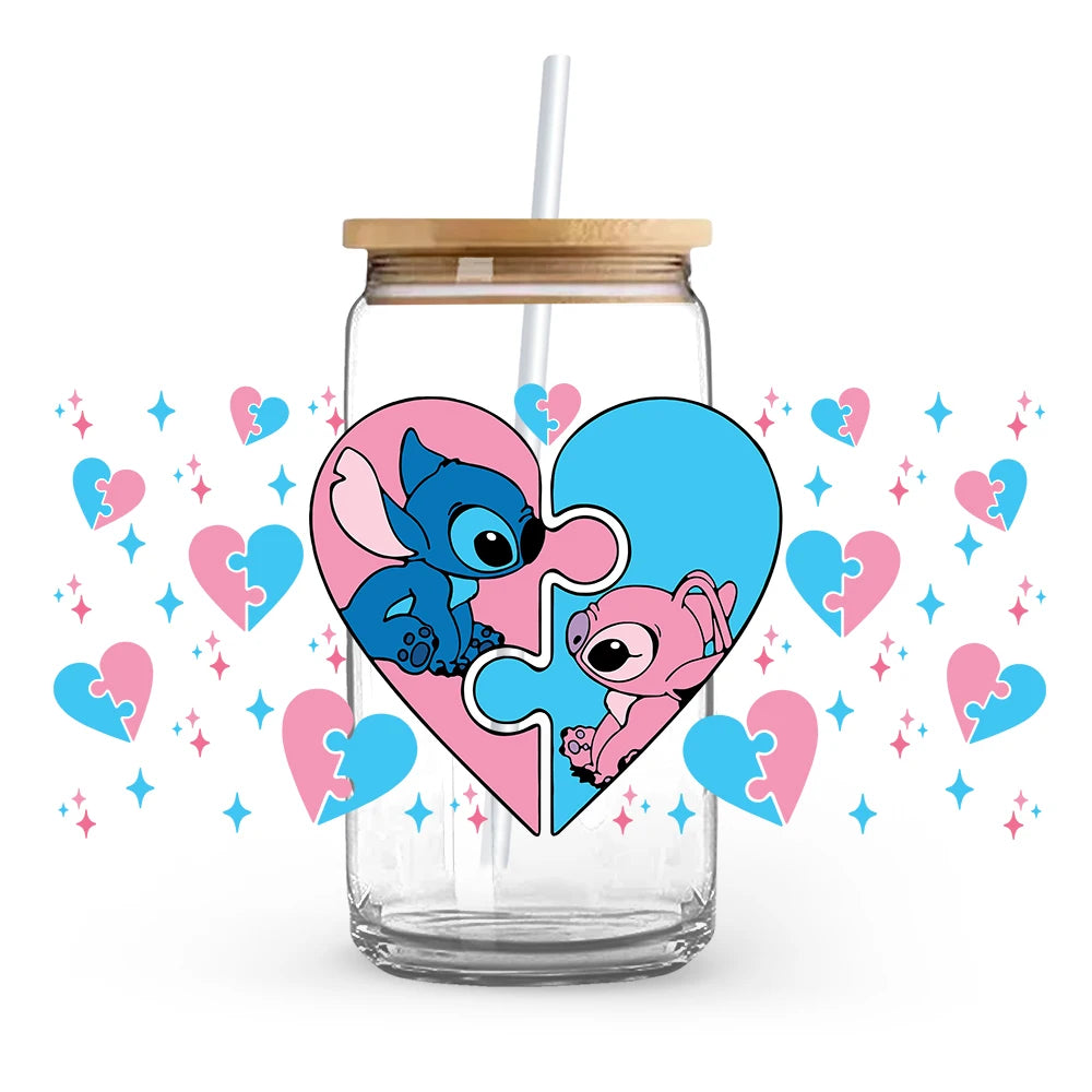 Valentine's Day cartoon Mickey Minnie Stitch Love 16oz Glass Cup UV DTF Transfer Film High-Quality Wraps Transfer Decals