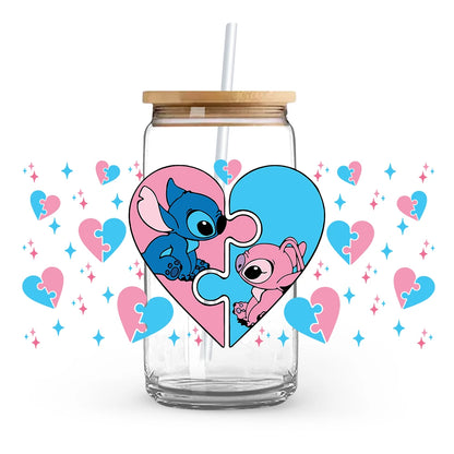 Valentine's Day cartoon Mickey Minnie Stitch Love 16oz Glass Cup UV DTF Transfer Film High-Quality Wraps Transfer Decals