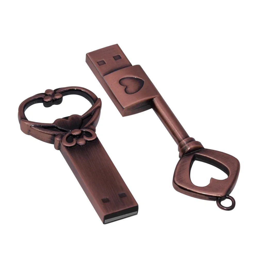 10pcs/lot Copper Love Heart Pen Drive 128GB Metal USB 2.0 Flash Drive 64GB Key Memory Stick Creative Gift Pendrive 64GB Storage