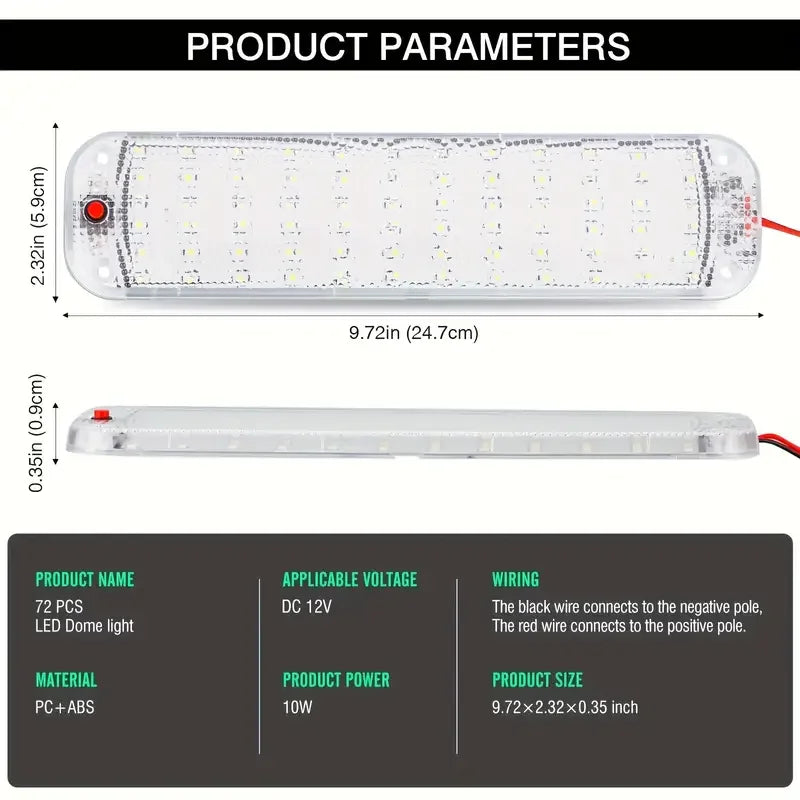 72LED 12V-80V Car Interior Light High Bright Cabin Dome Roof Ceiling Lamp Car Interior Reading Light For Trucks Campers Boats RV