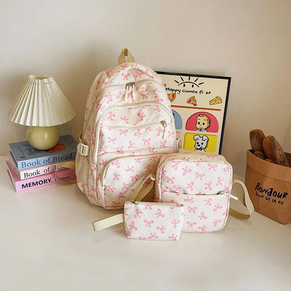 3 Pcs/Set Cute girl Large Capacity Backpack Bow Print Nylon Schoolbag Adjustable Strap Women daily Campus Backpack