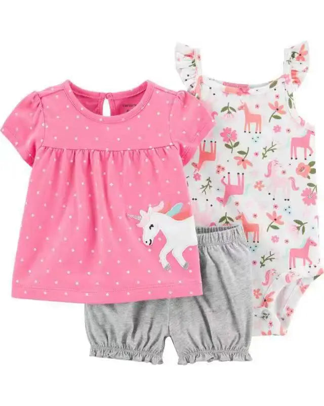 Newborn Baby Girl Clothes Set Summer Fashion Flower Cotton Infant Outfits Short Sleeved Bodysuit Shorts 3Pcs Toddler Clothing
