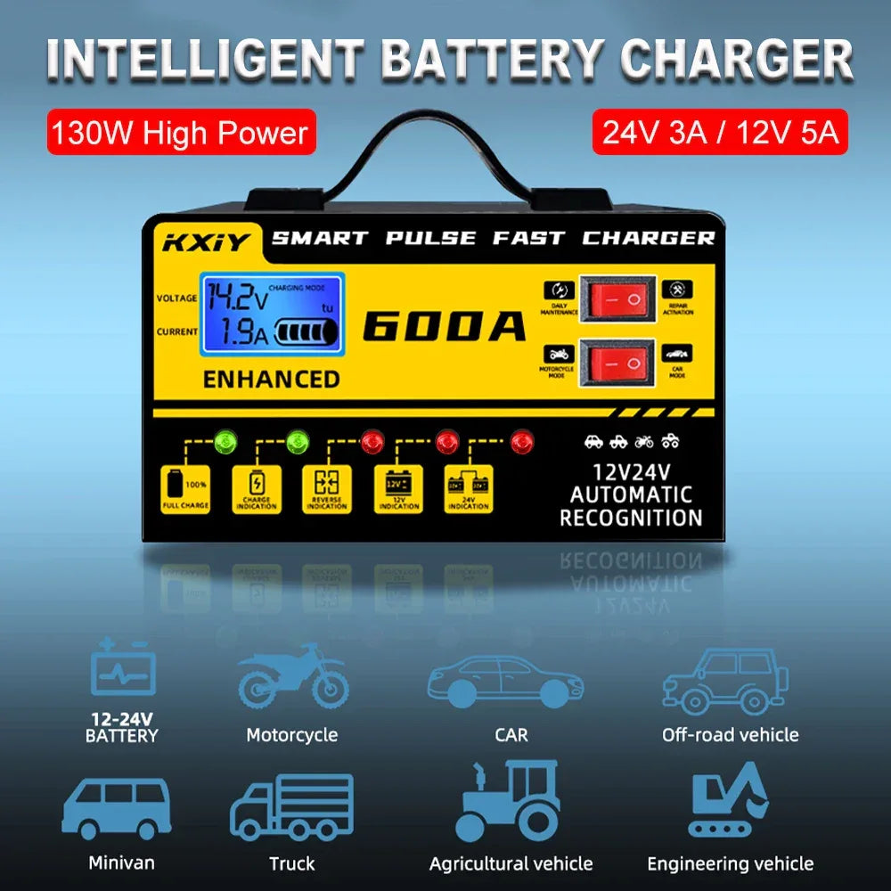 130W Automotive Battery Chargers Digital Intelligent Pulse Repair + Switch LED Indicator Storage Cell Car Chargers 12V 5A,24V 3A