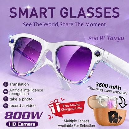 Lunettes connectées 2026 pour femmes, batterie externe 3600 mAh, caméra 800 W, traduction de plus de 120 langues, enregistrement vidéo, lecteur de musique, lunettes pour hommes