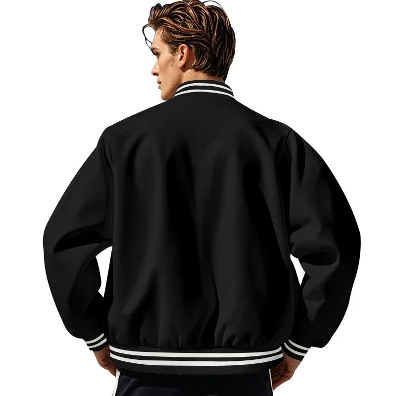 Men's Baseball Jacket with Stand-up Collar Button, Flight Jacket Monochromatic Loose, Casual, American Sports, Autumn and Winter
