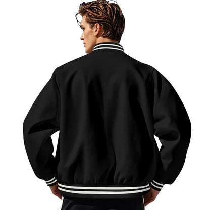 Men's Baseball Jacket with Stand-up Collar Button, Flight Jacket Monochromatic Loose, Casual, American Sports, Autumn and Winter