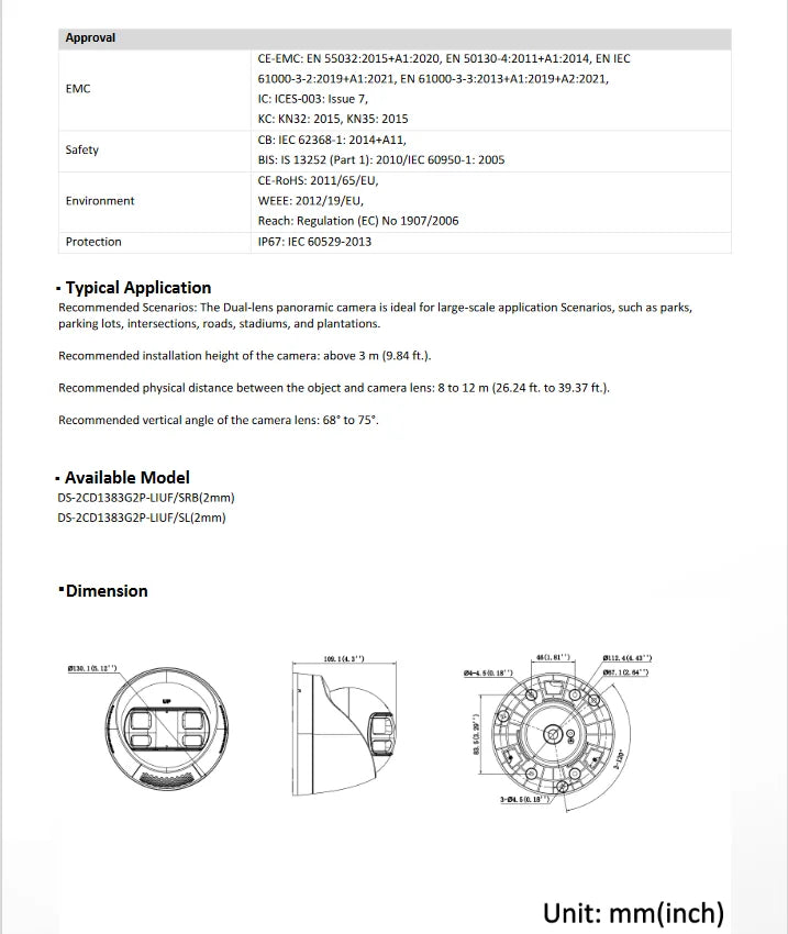 Original Hikvision DS-2CD1383G2P-LIUF/SL 8MP Dual Lens Stitched Wide Angle Smart Hybrid Light 180° Fixed Turret Network Camera