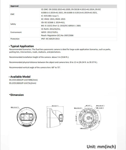 Original Hikvision DS-2CD1383G2P-LIUF/SL 8MP Dual Lens Stitched Wide Angle Smart Hybrid Light 180° Fixed Turret Network Camera