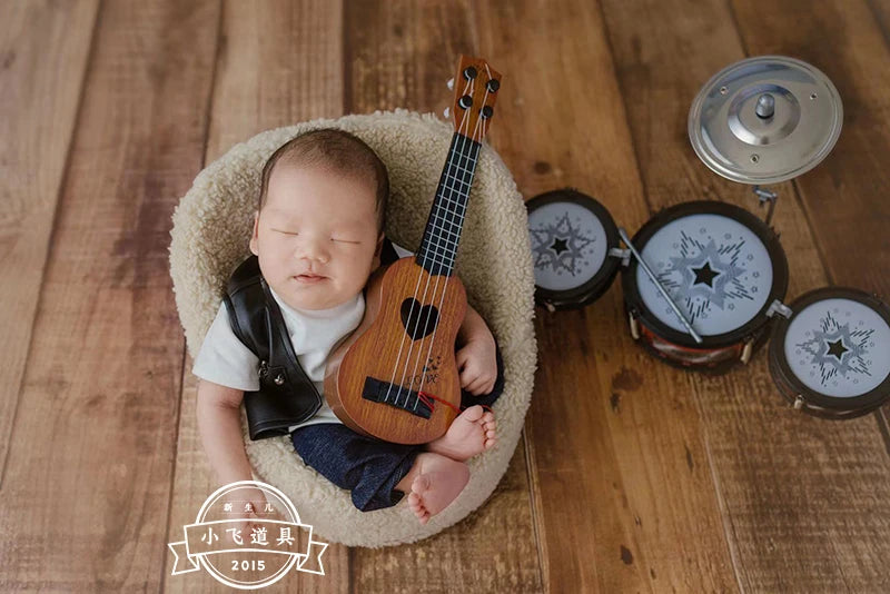 Newborn Photography Clothes for Baby Boy Cool Leather Jacket Clothing Musician Guirar Set Props for Studio Photoshoot Props