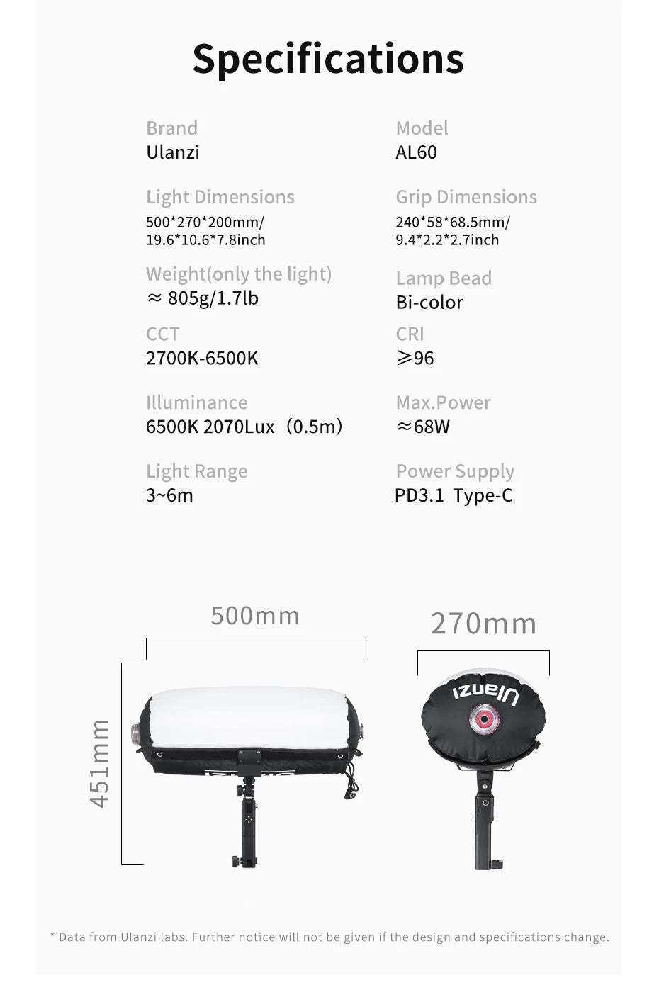 Ulanzi AL60 Inflatable Foldable Air Tube Light LED Light Fill Light 2700-6500K 2070Lux/0.5m with Remote control for Photography