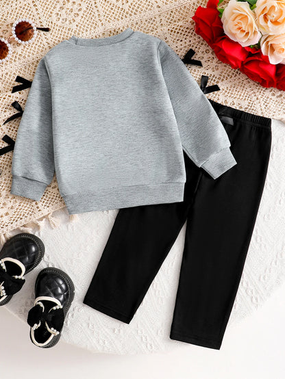 2-Piece Set for Toddler Girls: Cute Bowknot Print Gray Sweatshirt + Black Long Pants, Spring/Autumn/Winter Style, Casual Sports Pullover for Baby Girls, Newborn Children's Long-Sleeve Bowknot Design, Cute and Fashionable T-Sh