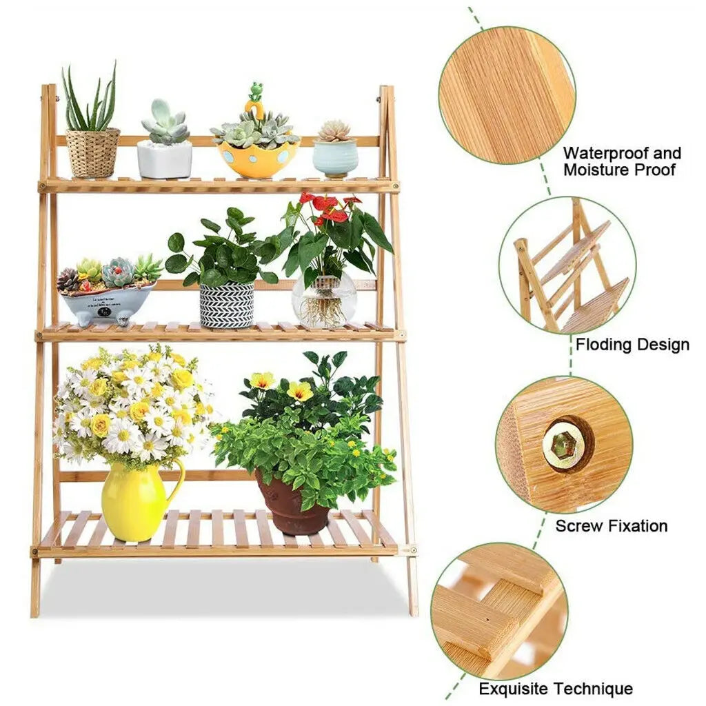 3 Tier Foldable Bamboo Plant Stand Planter Organizer Plants Display Shelf  for Indoor Outdoor