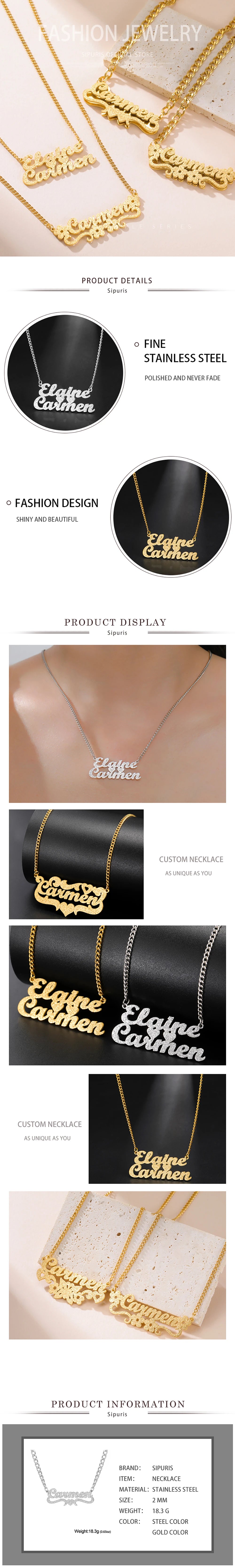 Sipuris Custom Name Necklace Women Jewelry Stainless Steel Golden Choker Cuban Chain Heart Ribbon Nameplate Pendant Necklace