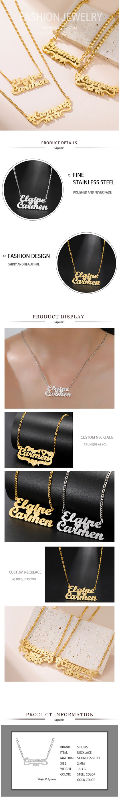 Sipuris Custom Name Necklace Women Jewelry Stainless Steel Golden Choker Cuban Chain Heart Ribbon Nameplate Pendant Necklace