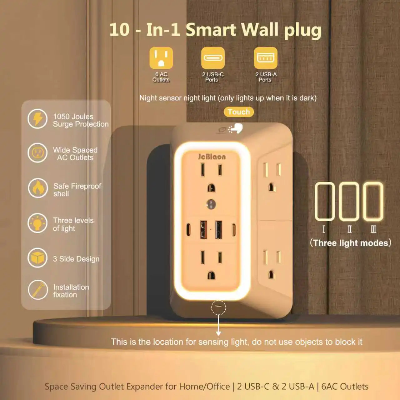 US AC Plug with Induced Light Wall Mounted Power Strip Multi-sockets Network Filter with USB Charging Network Filter Adapter